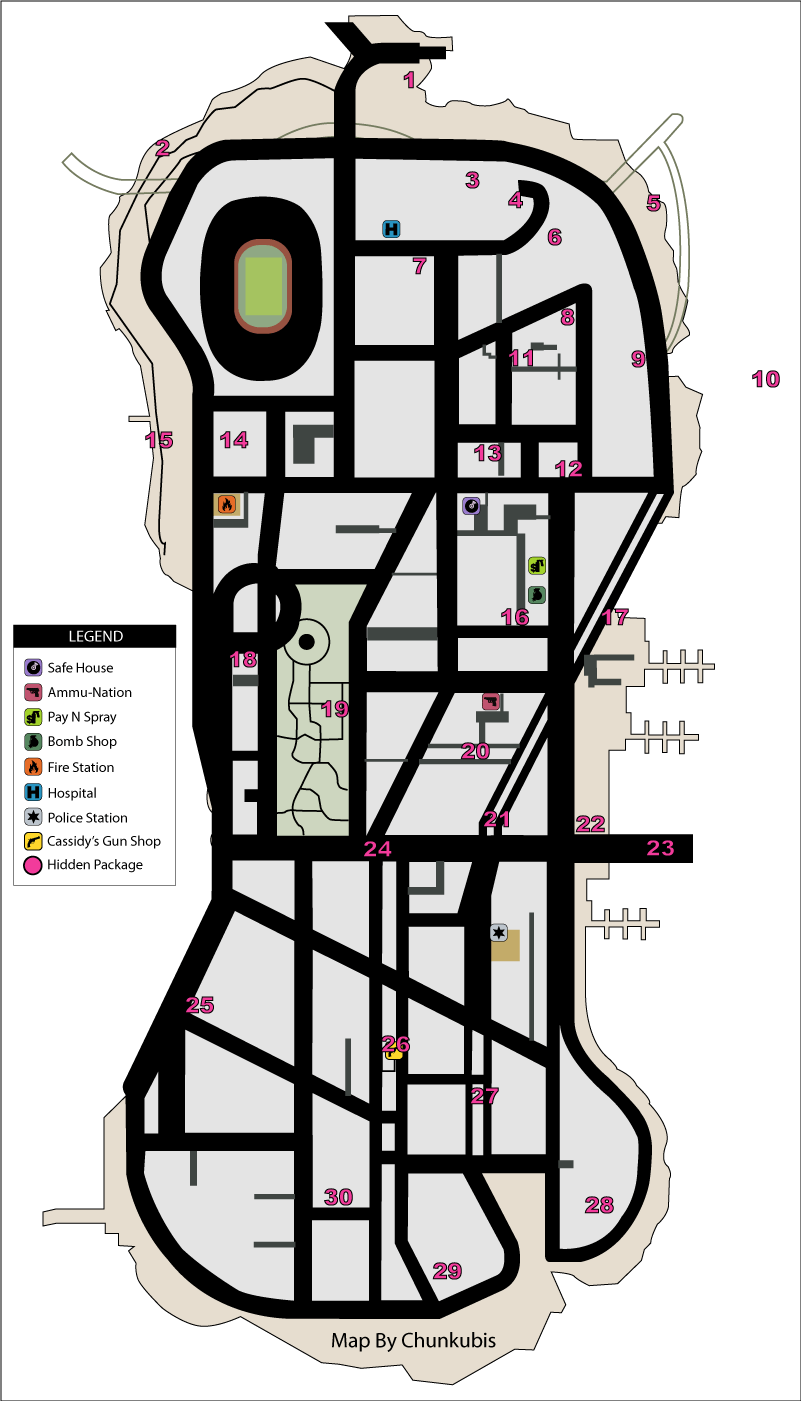 Карта скрытых (спрятанных) пакетов (hidden packages) в GTA Liberty City Stories на острове Staunton Island